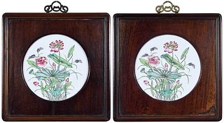 Pair Chinese Famille Rose 'Lotus' Porcelain Plaques