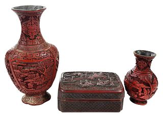 Three Chinese Carved Cinnabar Table Objects
