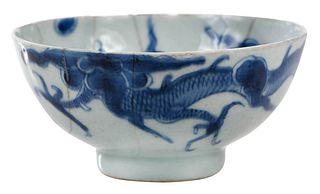 Chinese Blue and White Porcelain Dragon Bowl