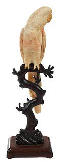 Carved Resin Parrot on Branch Form Wood Stand
