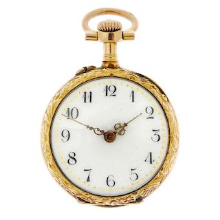 A lady's early 20th century gold diamond fob watch. The cream dial with black Arabic numerals and gi