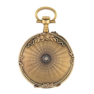 An early 20th century gold diamond fob watch. The white dial, with black Arabic numerals and minute