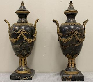 Pair of Bronze Mounted Marble Urns.
