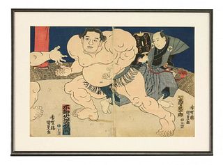 Kunisada a diptych of a Sumo wrestler his opponent