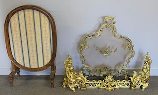 Lot of 2 Fire Screens & a Pair Gilt Metal Chenets.