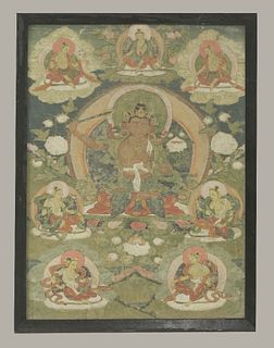 A Tibetan thangka 19th century of a deity surrounded