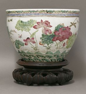 A famille rose Cachepot c.1900 enamelled with lotus