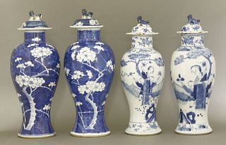 Four blue and white Vases and Covers late 19th