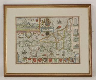 John Speede, Cornwall, hand coloured engraved map, 38 x
