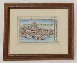 A MANUSCRIPT LEAF: Middle Eastern harbour view with a