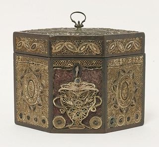 A George III rolled paper filigree hexagonal tea caddy,