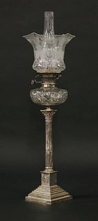 A silver Corinthian column oil lamp, James Deakin &