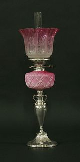 A Victorian silver-plated vase column oil lamp, with a