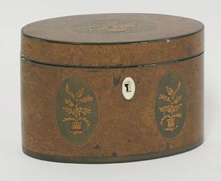 A George III burr walnut oval single compartment tea