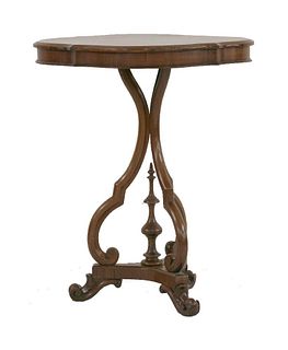 A Victorian walnut marquetry table, the shaped top with