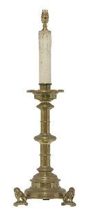 A Victorian brass candlestick table lamp, the turned