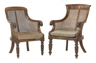 Two mahogany and bergÅ re library chairs, 19th century,