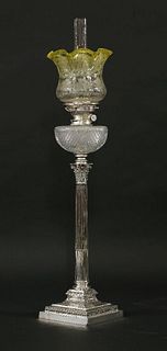 An Edwardian silver-plated Corinthian column oil lamp,