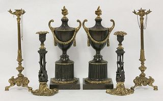 Two pairs of bronze and gilt bronze candlesticks, 19th