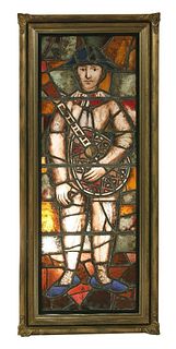 A large stained glass panel of a minstrel boy, 57cm