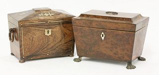 A George III burr yew wood twin compartment tea caddy,