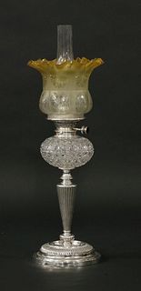 A Victorian silver-plated column oil lamp, with a cut
