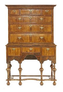 A walnut and feather strung chest on stand, 18th