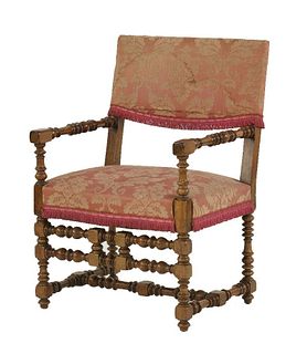 A walnut turned armchair, with a recent pink