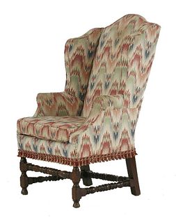 A wing back armchair, with multicoloured chevron