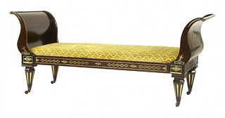 A Continental mahogany, ebony and brass inlaid day bed,