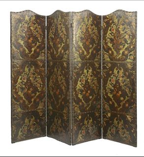 A Spanish embossed leather four-fold screen, 19th