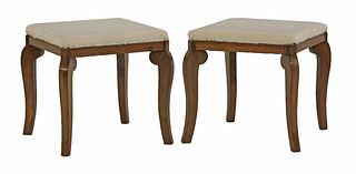 A pair of walnut footstools, 19th century, with brass
