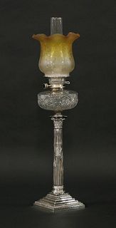 A Victorian silver-plated Corinthian column oil lamp,