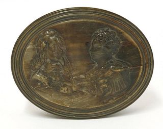 A pressed horn oval snuff box, attributed to John