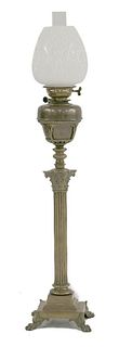 A Victorian brass oil lamp, the telescopic Corinthian