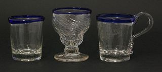 Three Glasses with blue glass rims, all late 18th