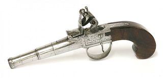 A flintlock pocket pistol, engraved 'J Adams', with a