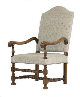 A walnut armchair, the grey and blue fretwork