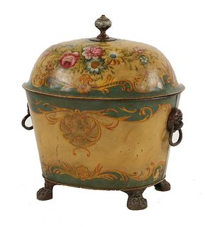 A good Victorian japanned metal coal bin and cover,