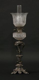 A Victorian silver-plated oil lamp, the fancy triform