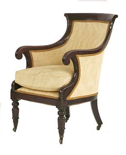 A Regency mahogany bergÅ re chair on turned front legs,