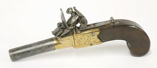 A flintlock pocket pistol, the brass plate engraved 'H