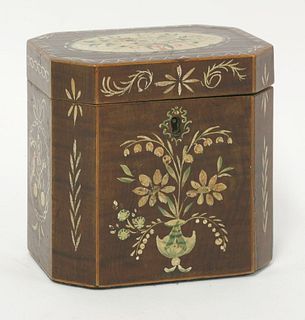 A George III harewood and painted tea caddy, with