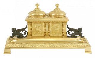 A gilt bronze inkstand, late 19th century, with two