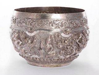 A Burmese silver bowl, late 19th century, of circular