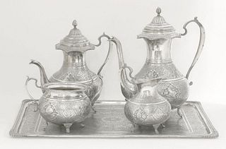 A Persian silver five piece tea and coffee service,late