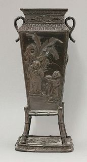 An unusual bronze Vase, c.1880, the square conical body