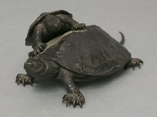 An appealing bronze Okimono, c.1885, of a mother turtle