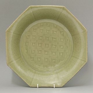 A good celadon Dish, Yuan/early Ming, of fluted