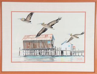 Pelicans in Flight, Signed Watercolor